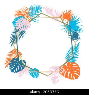 Cadre avec des feuilles de plantes tropicales et des éléments de style memphis. Style plat. Fond blanc. Tiré à la main. Illustration sur un thème d'été. Lumineux Illustration de Vecteur
