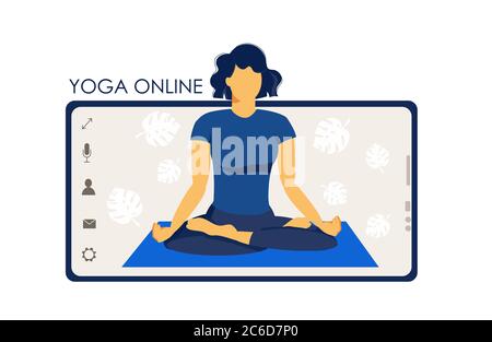 Yoga en ligne. Un entraîneur de fille sur un écran de smartphone conduit une leçon en direct. Concept pour les cours de yoga ou la conception de site Web. Illustration plate isolée sur blanc Illustration de Vecteur