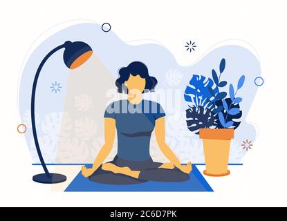 Yoga en ligne. L'entraîneur de fille conduit une leçon en direct. Concept pour les cours de yoga ou la conception de site Web. Illustration plate isolée sur fond blanc. Sport à h Illustration de Vecteur