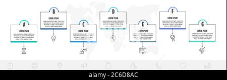 Modèle d'infographie en ligne fine avec 7 étapes, étiquettes. Infographies de concept d'entreprise moderne avec cercles pour diagramme, web, bannière, présentations, flux Illustration de Vecteur