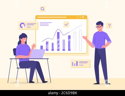 Homme portant des lunettes femme debout assis chaise travail sur ordinateur portable collaboration analyser les données graphiques à l'écran avec le style de dessin animé plat. Illustration de Vecteur