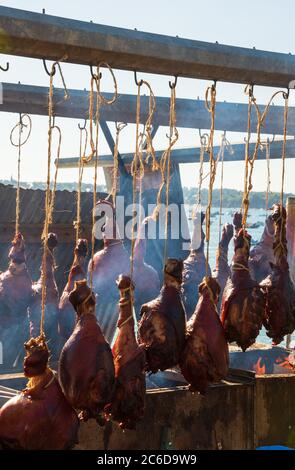 Des pattes de porc rôties au feu ouvert lors d'un festival gastronomique en Bretagne, en France, en été ensoleillé. Paysage marin en arrière-plan. Banque D'Images