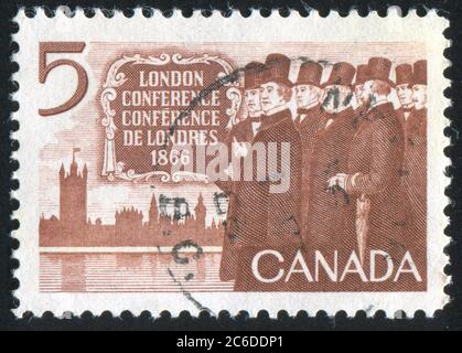 CANADA - VERS 1966 : timbre imprimé par le Canada, montre la Chambre des communes, la rivière Thames et les délégués canadiens, vers 1966 Banque D'Images