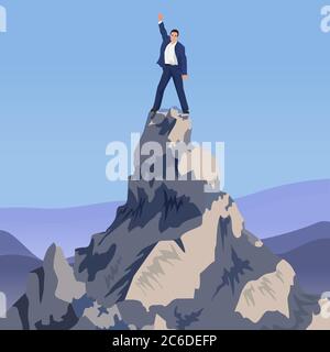 Jeune homme d'affaires gagnant sur la montagne de pic. En haut Illustration de Vecteur
