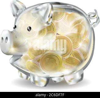 Piggy Bank 3d verre réaliste avec vecteur sur fond blanc. Pièces, épargne, banque, argent de financement argent comptant or dollar, l'année du porc, richesse Illustration de Vecteur