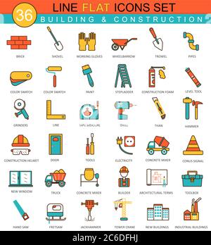 Ensemble d'icônes de ligne plate des outils de construction et de construction vectoriels. Design moderne et élégant pour le Web Illustration de Vecteur