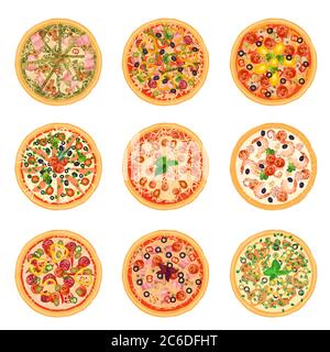 Différentes icônes de pizza de la collection de jeux isolés. Illustration de Vecteur