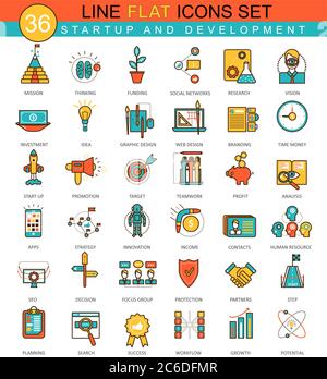 Ensemble d'icônes de ligne plate de démarrage et de développement de vecteur. Design moderne et élégant pour le Web Illustration de Vecteur