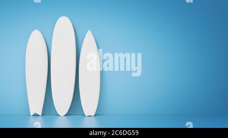 Planches de surf contre un mur bleu illustration 3d Banque D'Images