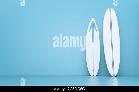 Planches de surf contre un mur bleu illustration 3d Banque D'Images