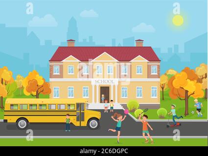 Bâtiment scolaire avec enfants dans la cour et devant de bus jaune. Illustration vectorielle de l'école et de l'éducation Illustration de Vecteur