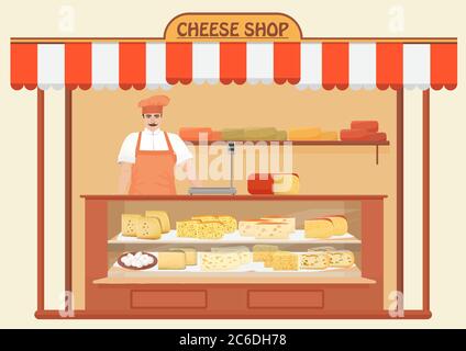 Fromagerie. Vendeur. Rangez les tablettes avec différents types de jeu de fromage. Parmesan mozarella swiss emmentaler cheddar gouda icons collection Illustration de Vecteur