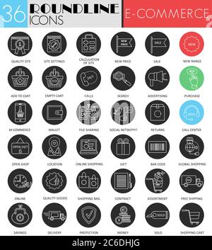 Ensemble d'icônes de cercle de commerce électronique vectoriel blanc noir. Design moderne avec icône noire pour le Web Illustration de Vecteur
