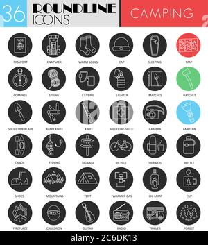 Ensemble d'icônes de camping Vector blanc noir. Design moderne avec icône noire pour le Web Illustration de Vecteur