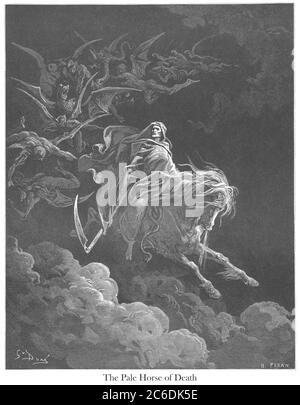 Le Cheval de la mort (ou la Vision de la mort) [Apocalypse 6:7-8] du livre 'Galerie de la Bible' illustré par Gustave Dore avec mémoire de Dore et lettre-presse descriptive par Talbot W. Chambers D.D. Publié par Cassell & Company Limited à Londres et simultanément par Mame à Tours, France en 1866 Banque D'Images