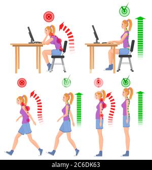 Position correcte et incorrecte de marche et d'assise. Femme marchant. Femme assise. Sensation de douleur au dos et blessures à la colonne vertébrale Illustration de Vecteur