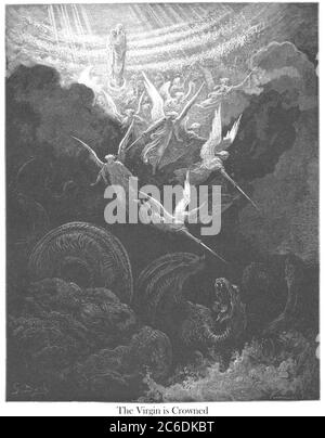 La Vierge couronnée: Une vision de Jean [Apocalypse 12:1-3] du livre 'Galerie biblique' illustré par Gustave Dore avec mémoire de Dore et lettre-presse descriptive par Talbot W. Chambers D.D. Publié par Cassell & Company Limited à Londres et simultanément par Mame à Tours, France en 1866 Banque D'Images