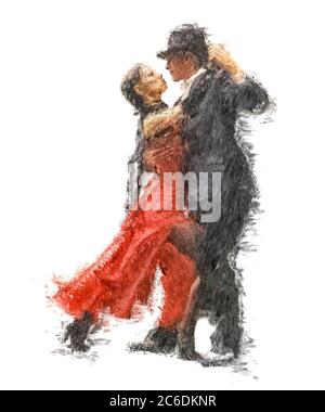 danseurs de tango peints dans un style impressionniste isolé sur fond blanc Banque D'Images