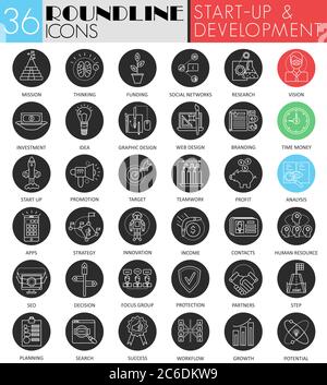 Ensemble d'icônes noir blanc de cercle de développement et de démarrage de vecteur. Design moderne avec icône noire pour le Web Illustration de Vecteur