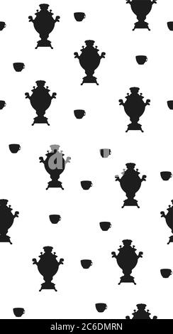 Motif sans couture, couleurs noir et blanc. Samovar et une tasse de thé Illustration de Vecteur