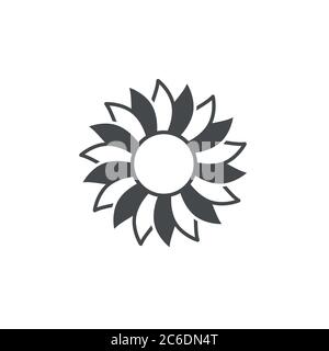 Icône plate noire de tournesol. Fleurissent avec de grands pétales pointus et un noyau rond. Isolé sur blanc. Illustration vectorielle. Style écologique. Symbole fleur nature. Illustration de Vecteur