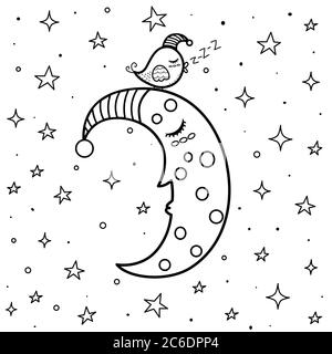 Page de coloriage avec une jolie lune de sommeil et un oiseau Illustration de Vecteur