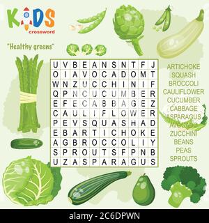 Recherche facile de mots croisés puzzle 'verts sains', pour les enfants à l'école primaire et moyenne. Moyen amusant de pratiquer la compréhension du langage et Illustration de Vecteur