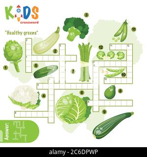 Puzzle facile à mots croisés « Healthy greens », pour les enfants de l'école primaire et moyenne. Une façon amusante de pratiquer la compréhension du langage et d'élargir le vocabulaire Illustration de Vecteur