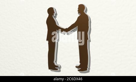 HOMMES D'AFFAIRES QUI SE SECOUENT LA MAIN réalisés par l'illustration 3D d'une sculpture métallique brillante sur un mur à fond clair. Homme d'affaires et concept Banque D'Images