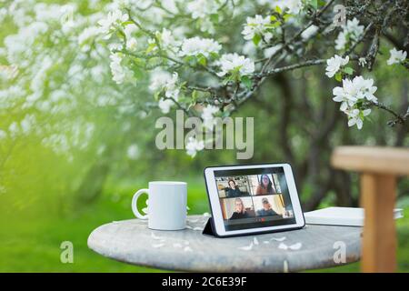 Vos collègues discutent en vidéo sur l'écran d'une tablette numérique dans le jardin Banque D'Images