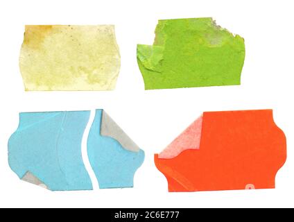 jeu d'autocollants de prix adhésifs vierges, étiquettes de prix multicolores, avec espace de copie gratuit, isolés sur fond blanc Banque D'Images