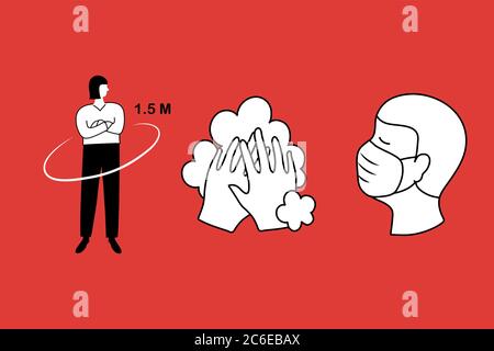 Social distancer, se laver les mains, porter un masque. Concept de prévention du coronavirus COVID-19. Icônes de ligne plate définies. Illustration vectorielle. Illustration de Vecteur