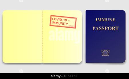 Modèle d'échantillon de passeport d'immunité. L'identité de voyage de la personne est immunisée contre le virus de la maladie du SRAS. Certificat sans risque pour COVID 19. Concept iso réaliste Illustration de Vecteur