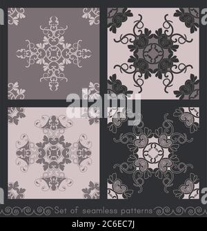 Ensemble de motifs sans couture avec coeurs, spirales entrelacées et oiseaux. Romantique. Couleurs rose marron foncé et rose marron clair, gris foncé. Vecteur. Illustration de Vecteur