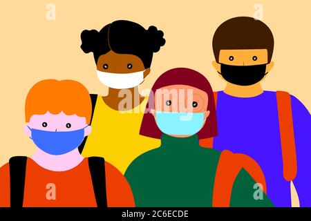 Les enfants portant des masques et allant à l'école. Première expérience épidémique chez les enfants. Pour des raisons de sécurité (Covid-19 ou coronavirus). Illustration de Vecteur