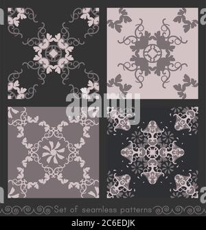 Ensemble de motifs sans couture avec coeurs, spirales entrelacées et oiseaux. Romantique. Couleurs rose marron foncé et rose marron clair, gris foncé. Vecteur. Illustration de Vecteur