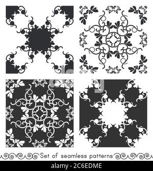 Ensemble de motifs sans couture avec coeurs, spirales entrelacées et oiseaux. Romantique. Couleurs gris foncé et blanc. Vecteur. Illustration de Vecteur