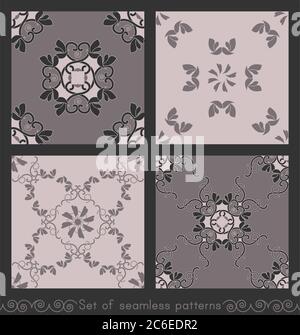 Ensemble de motifs sans couture avec coeurs, spirales entrelacées et oiseaux. Couleurs rose marron foncé et rose marron clair, gris foncé. Vecteur. Illustration de Vecteur
