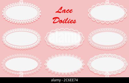 Lot de napperons en dentelle blanche décoratifs. Cadre ovale ajouré sur fond rose. Motif ajouré en papier vintage. Illustration vectorielle Illustration de Vecteur