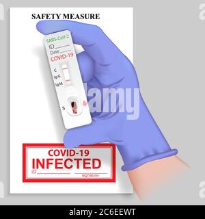 Main dans un gant médical portant un test rapide pour les anticorps contre le coronavirus avec un résultat positif IG M. Présence virus Covid 19 et maladie infectieuse SRAS Illustration de Vecteur