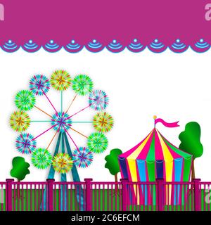 Arrière-plan graphique amusant ressemblant à un parc d'attractions avec des pécheurs pour la grande roue et une tente colorée. Zone de texte isolée au-dessus de l'image. Banque D'Images