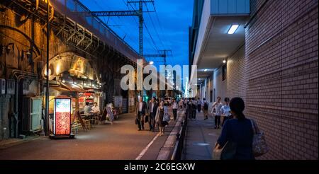 Piéton marchant le long d'une étroite ruelle arrière à côté d'une voie ferrée surélevée à Yurakucho, Tokyo, Japon au crépuscule. Banque D'Images