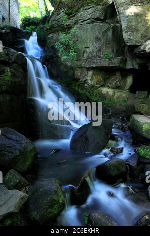 Vue estivale sur les chutes de Lumsdale, Bentley Brook, près de la ville de Matlock, parc national de Peak District, Derbyshire Dales, Angleterre, Royaume-Uni Banque D'Images