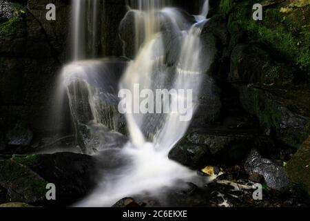 Vue estivale sur les chutes de Lumsdale, Bentley Brook, près de la ville de Matlock, parc national de Peak District, Derbyshire Dales, Angleterre, Royaume-Uni Banque D'Images