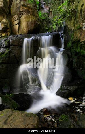 Vue estivale sur les chutes de Lumsdale, Bentley Brook, près de la ville de Matlock, parc national de Peak District, Derbyshire Dales, Angleterre, Royaume-Uni Banque D'Images