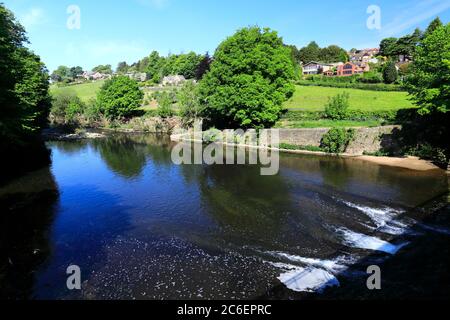 Vue de printemps du pont et du déversoir de Belper, rivière Derwent, ville de Belper, vallée de l'Amber, Derbyshire Dales, Angleterre, Royaume-Uni Banque D'Images