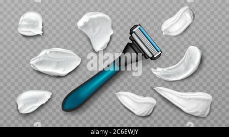 Mouvements de mousse de rasage et lame de rasoir de sécurité. Hommes cosmétiques éléments promotionnels rasoir et frottis de crème. Produit cosmétique de soin du corps isolé sur fond transparent, illustration réaliste de vecteur 3d Illustration de Vecteur
