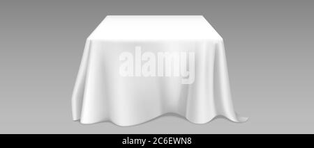 Nappe blanche sur table carrée. Maquette réaliste Vector d'un bureau vide avec linge blanc et rideaux pour banquet, restaurant, événement de vacances ou dîner. Modèle avec housse en tissu Illustration de Vecteur