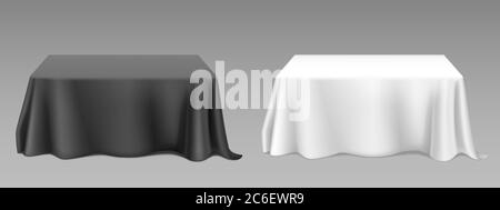 Nappe noire blanche sur les tables carrées. Maquette réaliste Vector d'un bureau vide avec linge blanc et rideaux pour le restaurant de banquet, les fêtes ou le dîner. Modèle avec housse en tissu Illustration de Vecteur