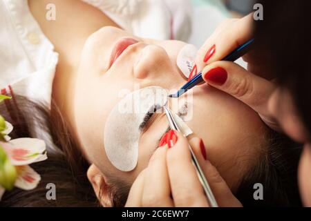 Maître augmente les cils d'une jeune fille dans un salon de beauté. La fille se trouve sur un fond de fleurs. Extensions professionnelles pour cils avec pince à épiler, Banque D'Images